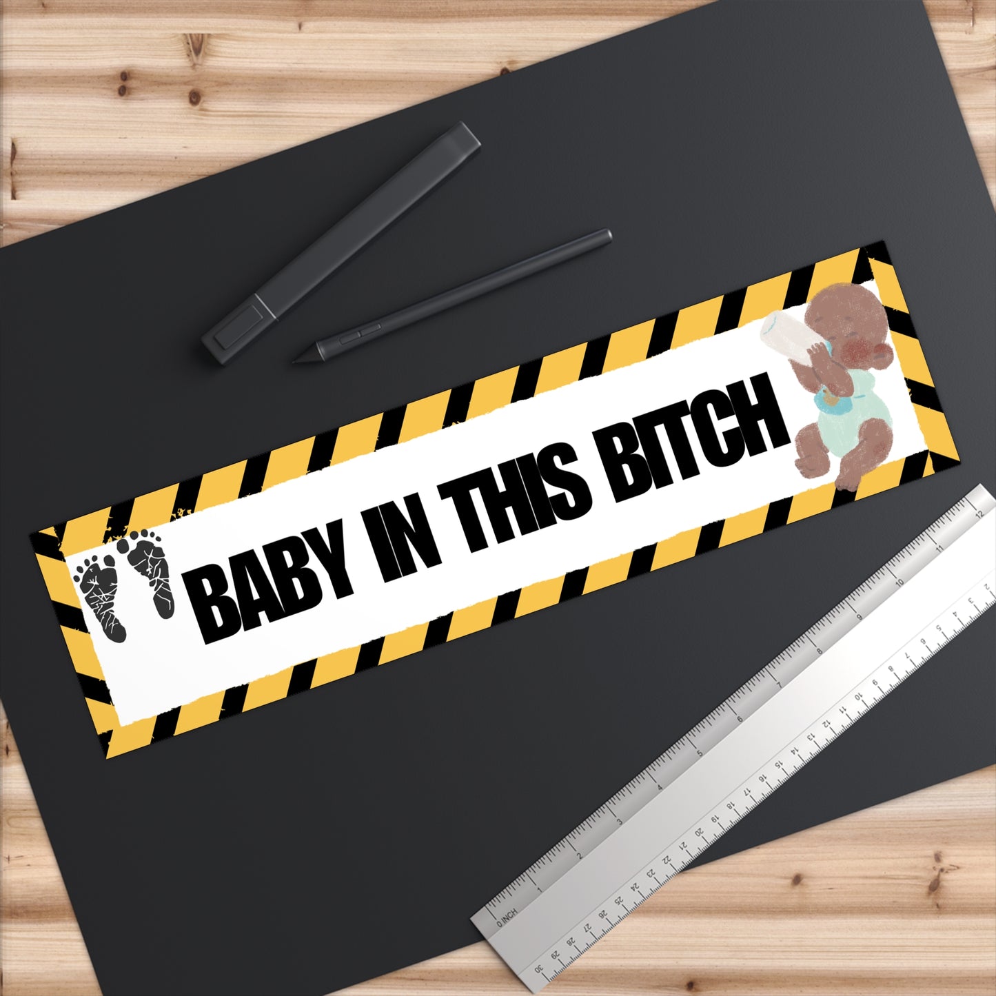 Bumper Sticker — "Baby In This Bitch" Caution-Stripe Car Decal