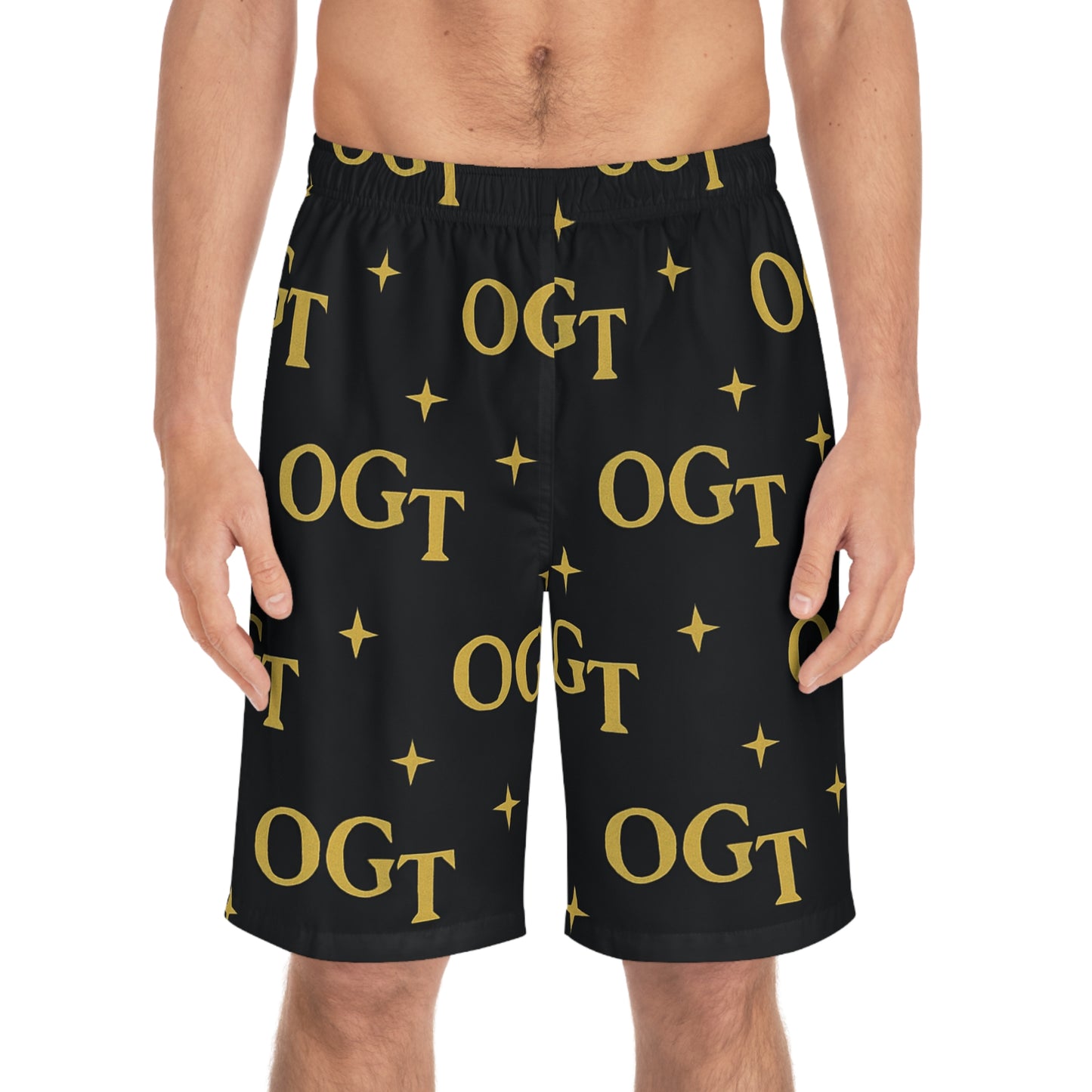 Black & Gold 'OGT' All-Over Print Swim Trunks