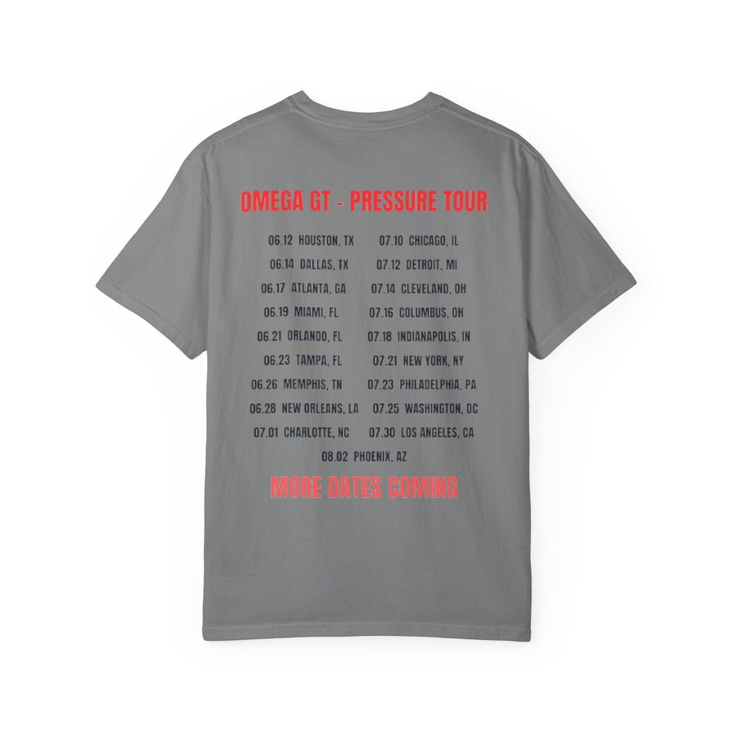 Omega GT "Pressure Tour" T-Shirt — Band Tour Tee with Dates