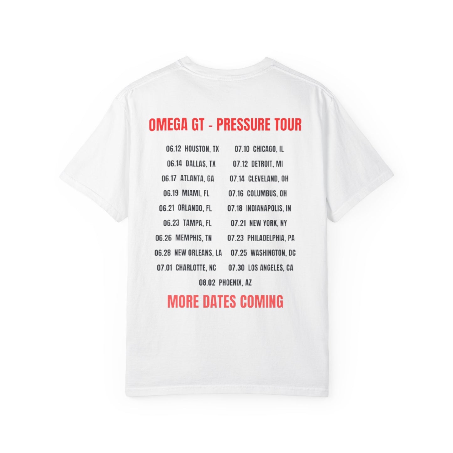 Omega GT "Pressure Tour" T-Shirt — Band Tour Tee with Dates