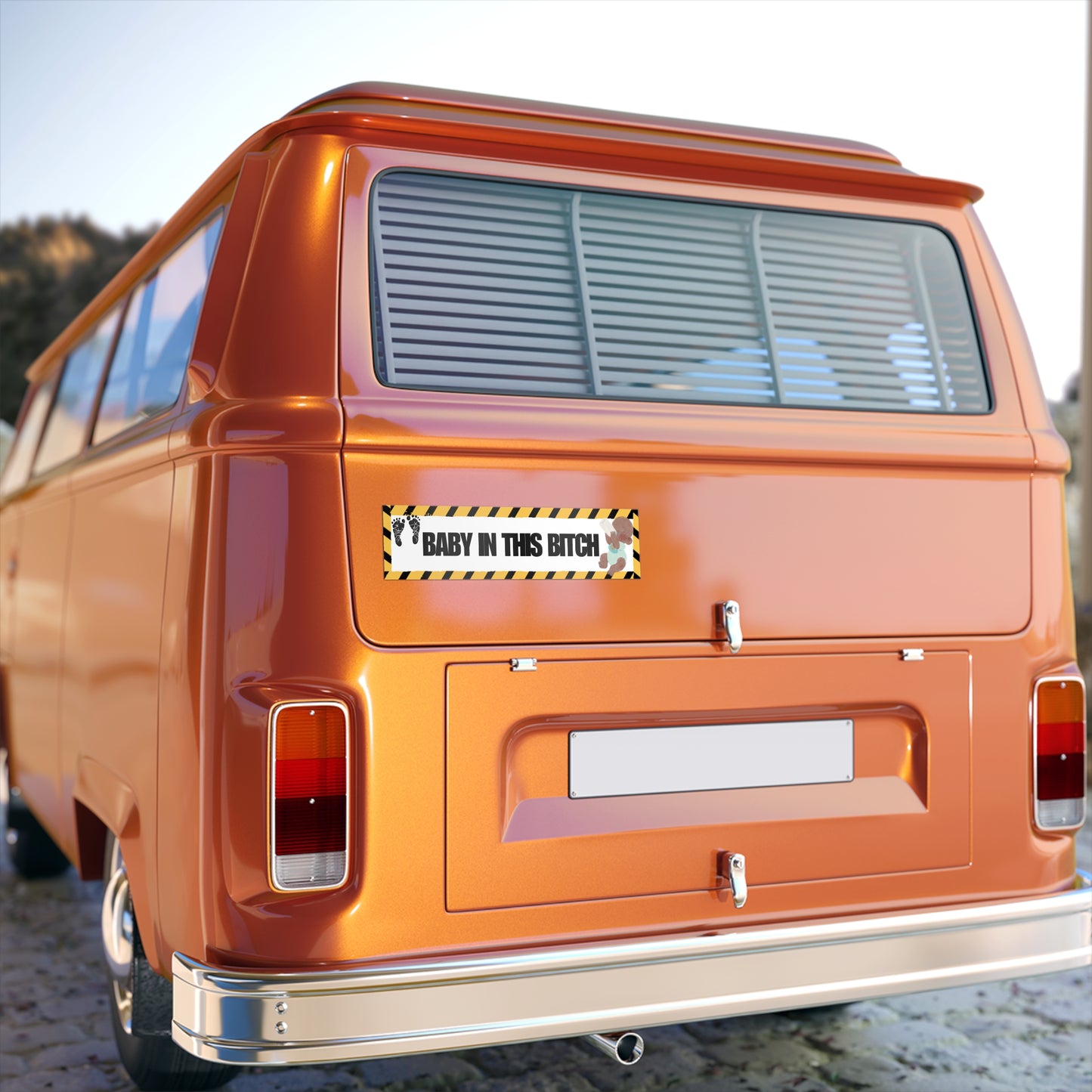 Bumper Sticker — "Baby In This Bitch" Caution-Stripe Car Decal