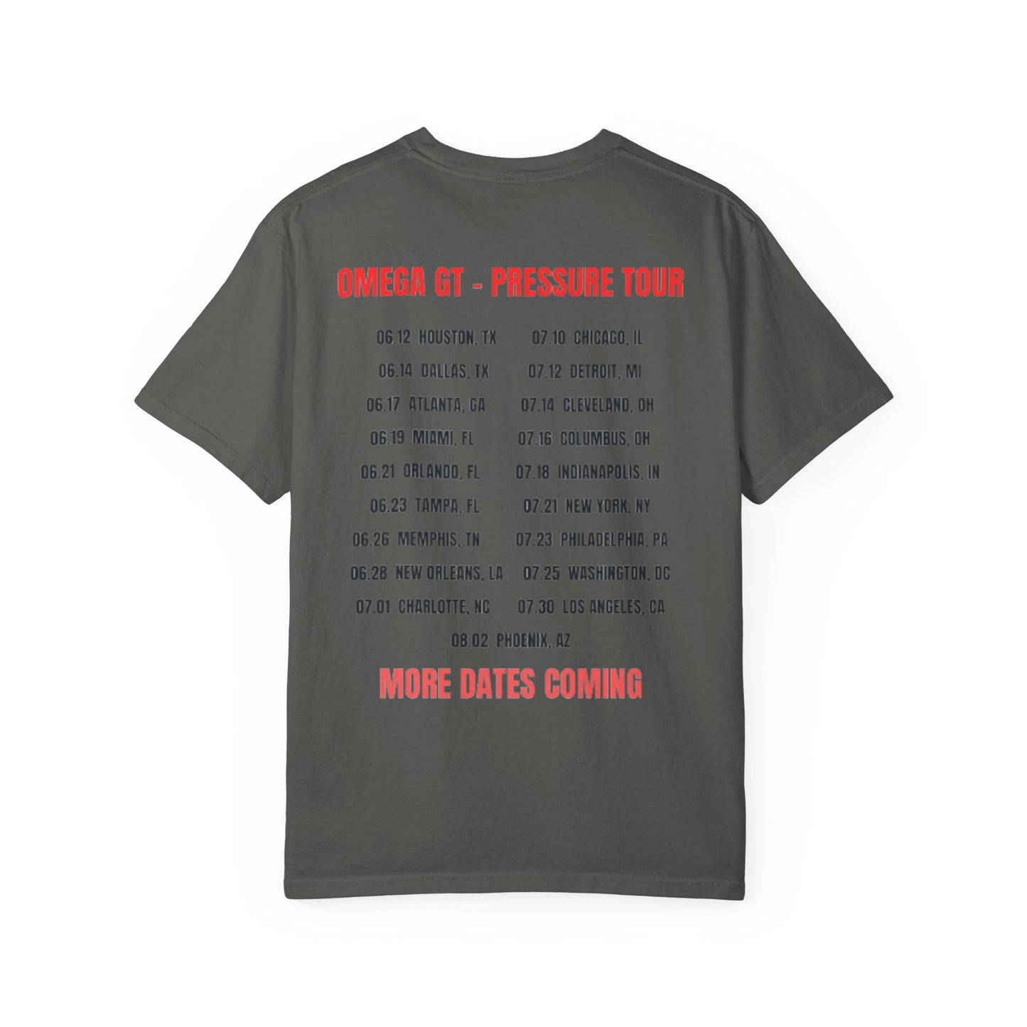 Omega GT "Pressure Tour" T-Shirt — Band Tour Tee with Dates