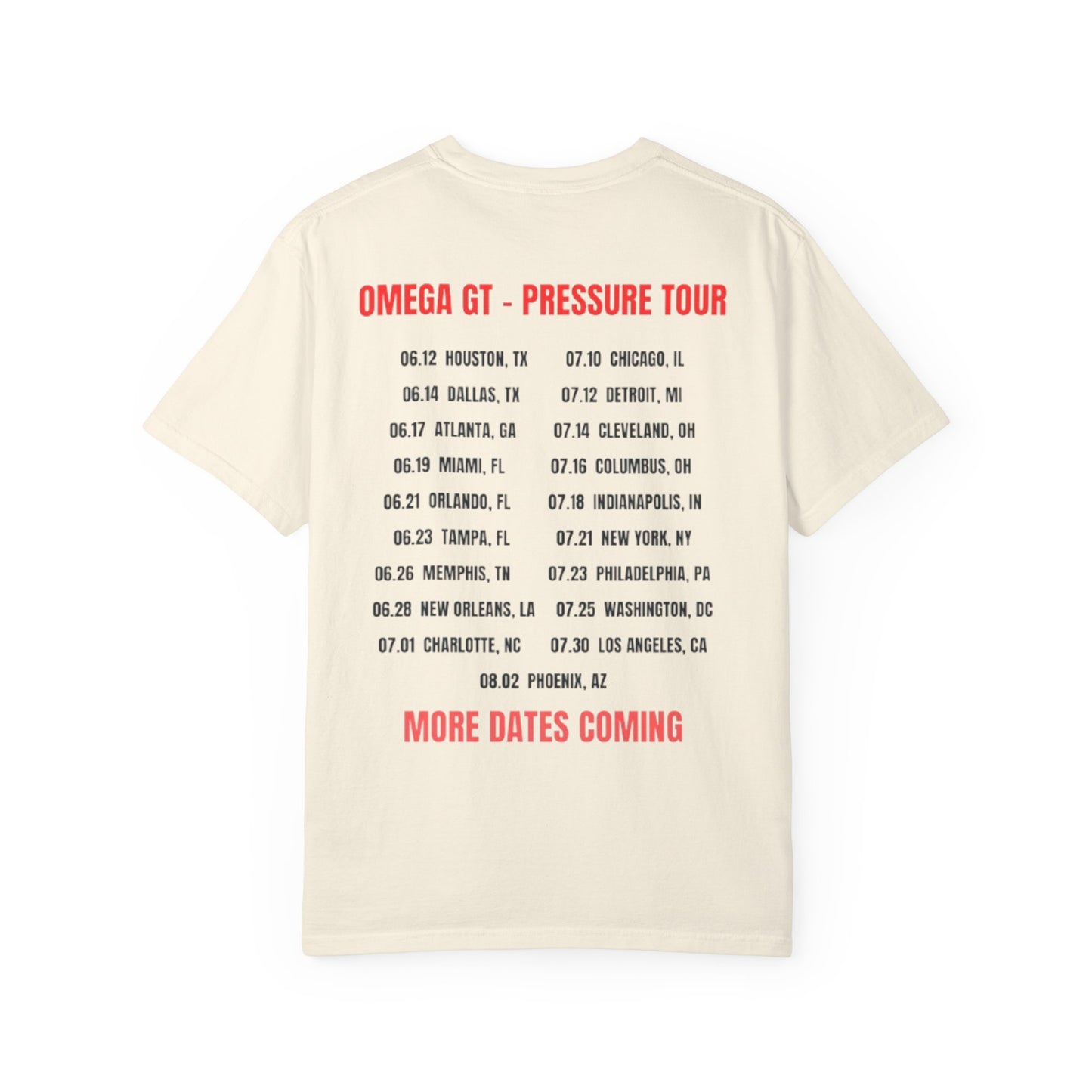 Omega GT "Pressure Tour" T-Shirt — Band Tour Tee with Dates