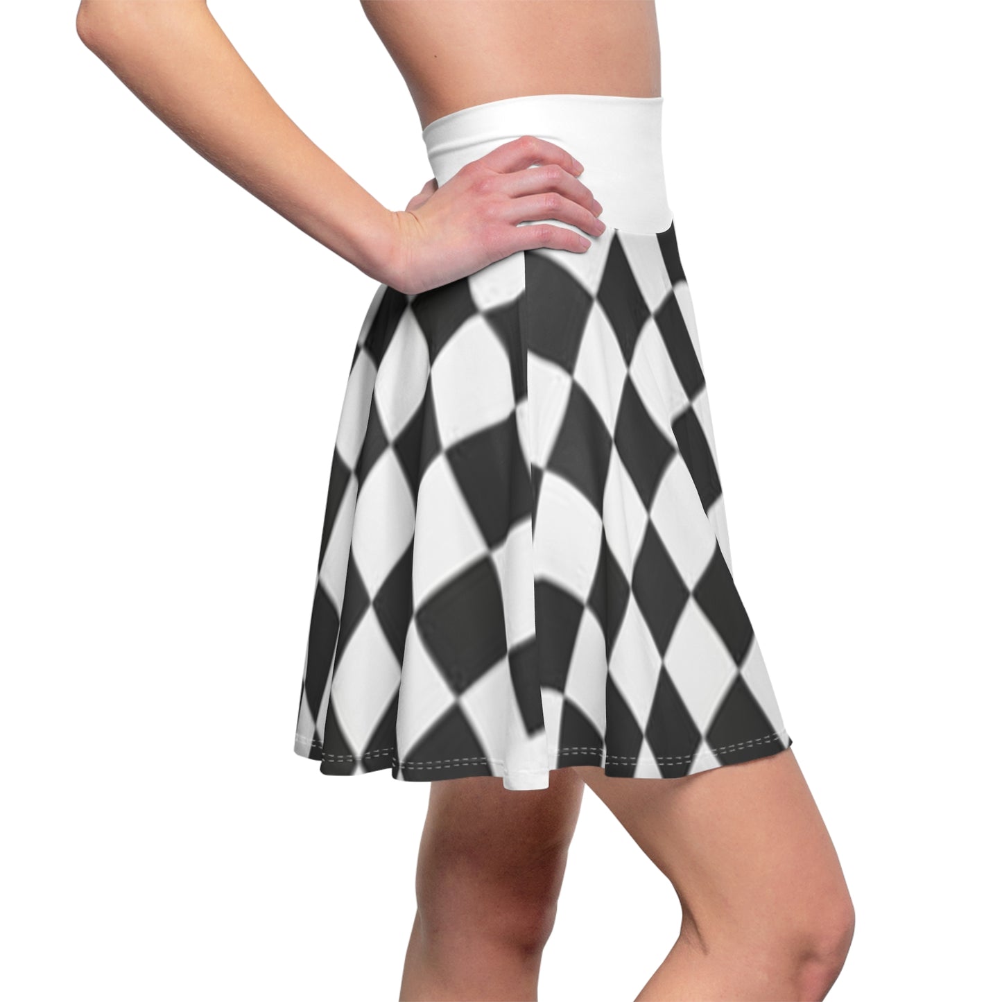 Checkered Skater Skirt — Black & White Racing Plaid AOP