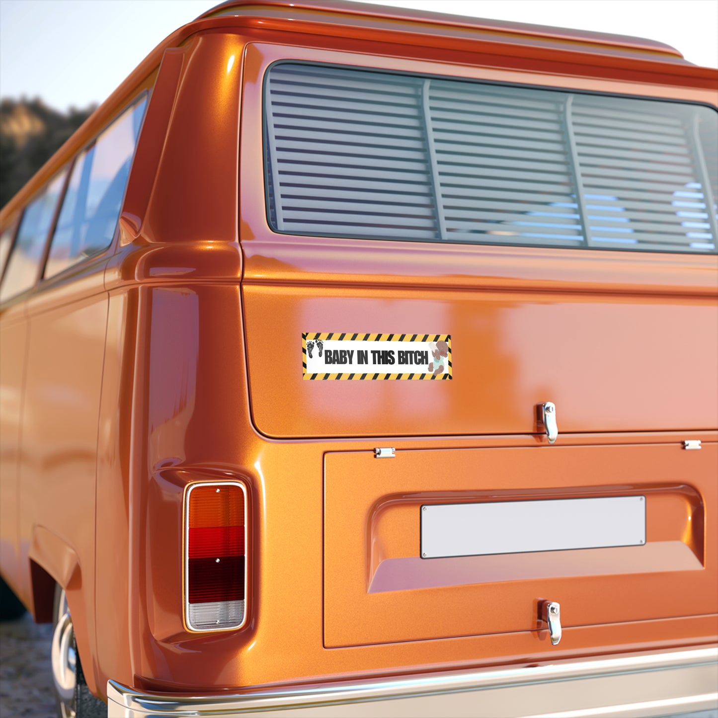 Bumper Sticker — "Baby In This Bitch" Caution-Stripe Car Decal