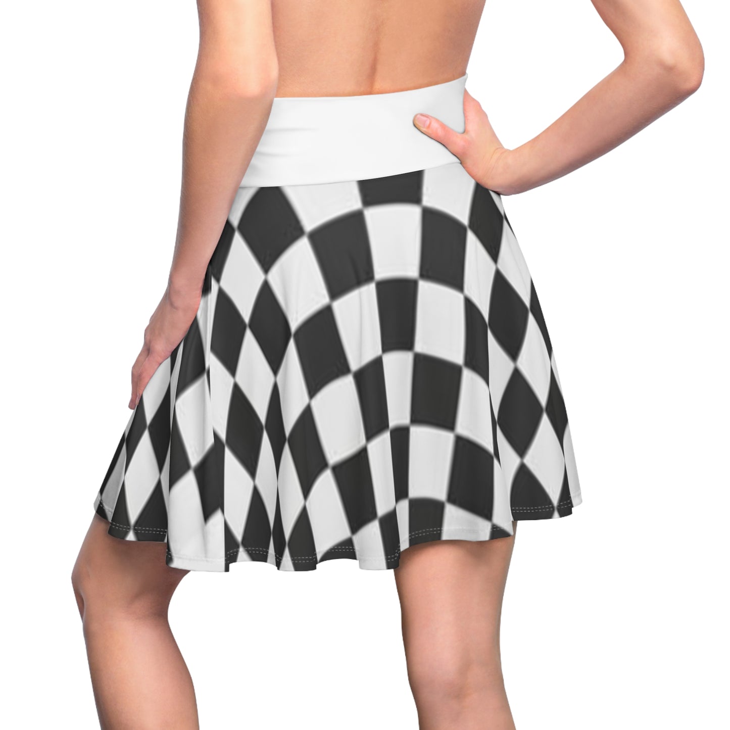 Checkered Skater Skirt — Black & White Racing Plaid AOP