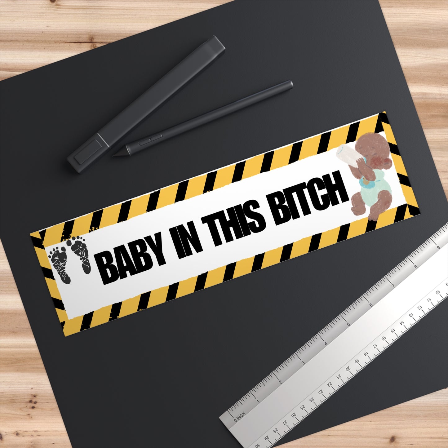Bumper Sticker — "Baby In This Bitch" Caution-Stripe Car Decal
